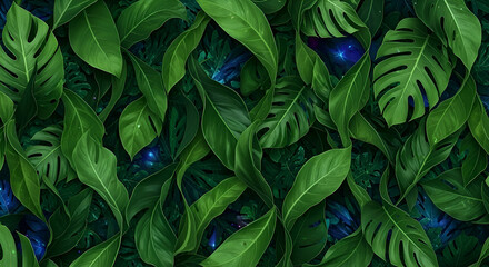 Lush green tropical leaves in a dense pattern.