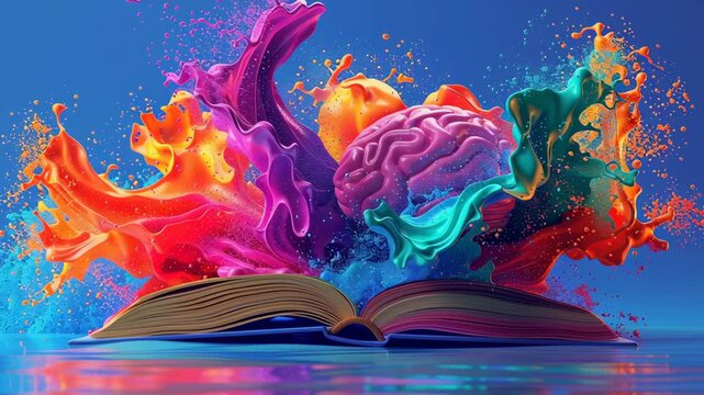 Vibrant Brain and Open Book Colorful Splash of Creativity and Knowledge in Vibrant, Open World