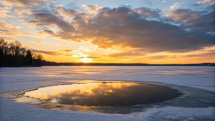Vibrant sunset reflecting on frozen lake with dramatic clouds
