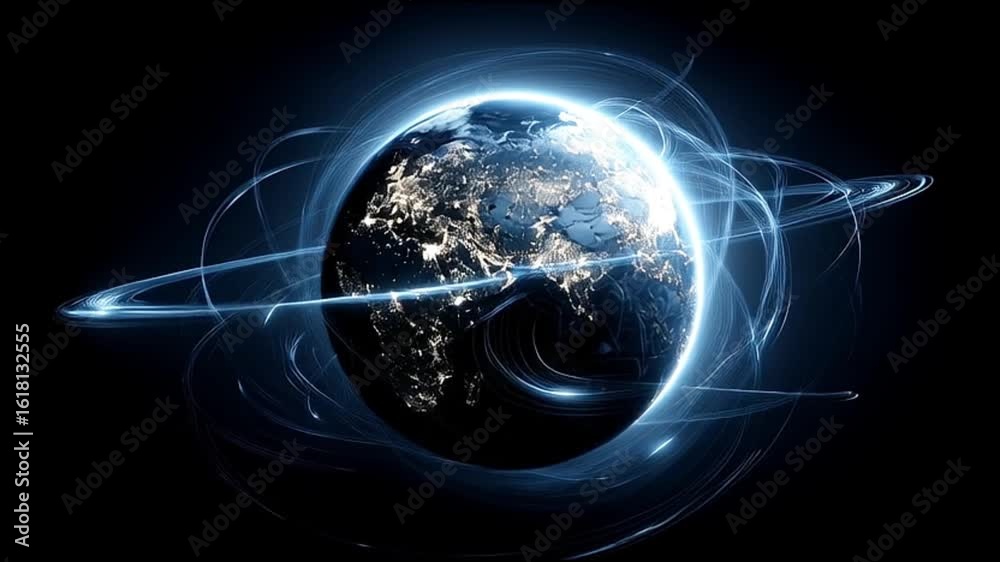 Wall mural planet earth surrounded by a technological network connection structure