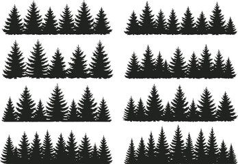 Obraz premium Collection of eight distinct silhouette forest landscapes with various evergreen trees in a horizontal arrangement