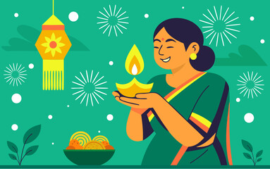 Indian woman in traditional saree holding Diwali lamp with fireworks, lantern, and festive sweets Festival, celebration, vector, Hindu, culture, joy, illustration, bright, colorful design
