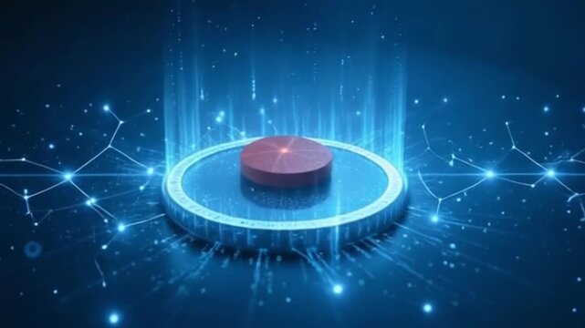Futuristic 3D Atorvastatin Tablet Rotating with Glowing Chemical Bonds and Medical Data Animation on Clean Blue Background for Pharmaceutical, Healthcare, Science and Technology Concept.