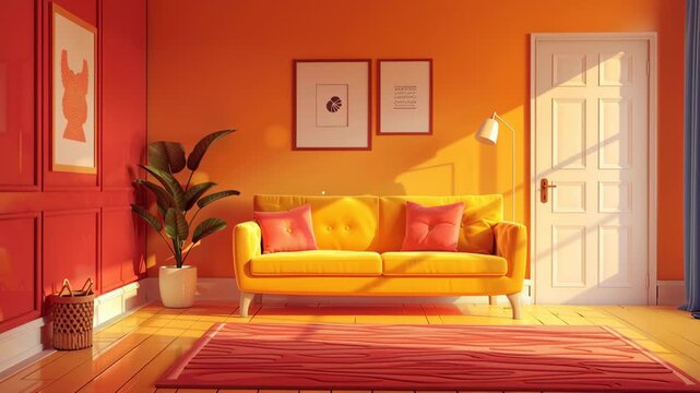 Vibrant Living Room with Yellow Sofa, Orange Walls, and Sunlight Streaming Through Window Creating Warm, Inviting, and Cheerful Atmosphere