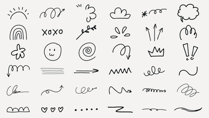 Collection of doodles and symbols, featuring arrows, squiggles, and hearts. Playful doodles, expressive symbols, and creative red lines in various shapes. Colorful doodle elements, vector set.
