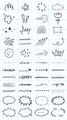 Collection of doodles and symbols, featuring arrows, squiggles, and hearts. Playful doodles, expressive symbols, and creative red lines in various shapes. Colorful doodle elements, vector set.