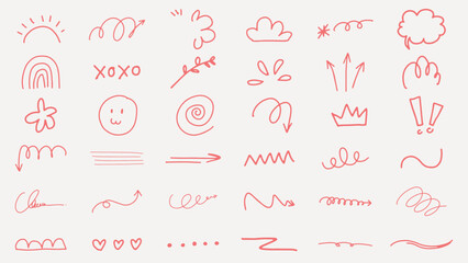 Collection of doodles and symbols, featuring arrows, squiggles, and hearts. Playful doodles, expressive symbols, and creative red lines in various shapes. Colorful doodle elements, vector set.