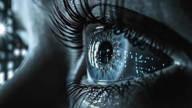 Close Up of Human Eye Reflecting Digital Data Futuristic Technology and Privacy Concerns in Digital World