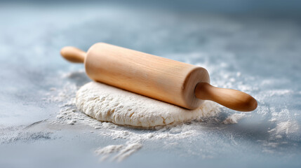 A wooden rolling pin on fresh dough with flour on a blue-grey background