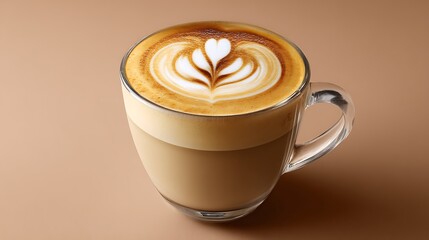 Artistic latte in a clear glass mug with a brown background