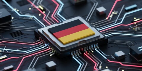 Computer processor with the flag of German on a circuit board, global semiconductor industry, technological sovereignty, and the digital economy	