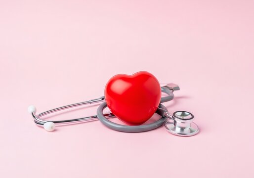 Red heart with a stethoscope on a pink background - Powered by Adobe