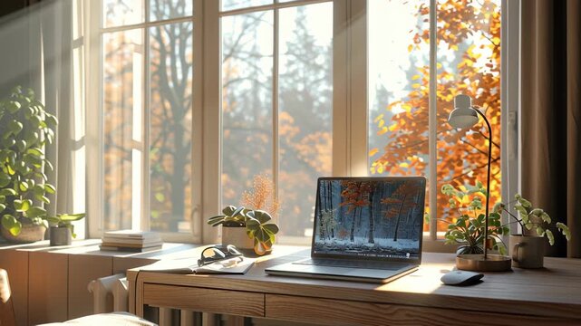 Cozy Home Office with Minimalist Design Wooden Desk, Laptop, and Plants by Large Window in Warm Autumn Sunlight