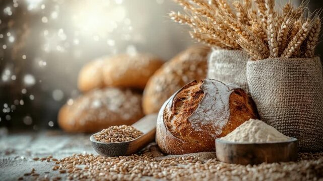 Rustic bread and wheat arrangement with flour and grains in rustic setting
