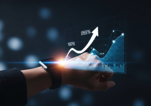 Smartwatch displaying financial growth chart with upward arrow