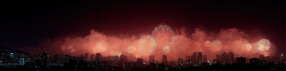 Fototapeta premium Spectacular fireworks illuminate night sky above bustling city skyline in celebration.