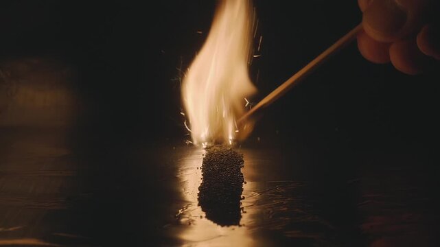 The match ignites a trail of gunpowder and it burns very brightly and with sparks on the reflective surface. Closeup. Macro. Slow mo, slow motion, high speed camera, 200fps