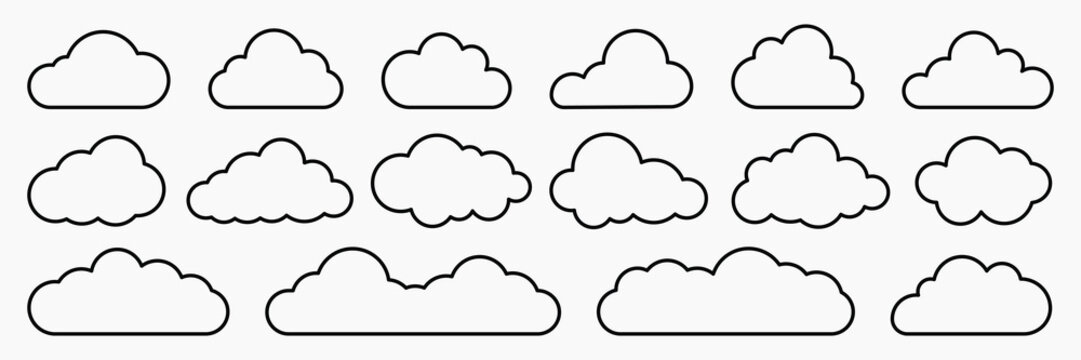 Simple cloud outlines in various shapes. Cloud designs in a repeating pattern. Minimalist cloud icons for weather themes. Black cloud outlines on white. Weather illustration, vector set.