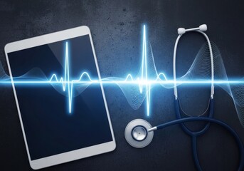 Stethoscope and tablet displaying a heart rhythm