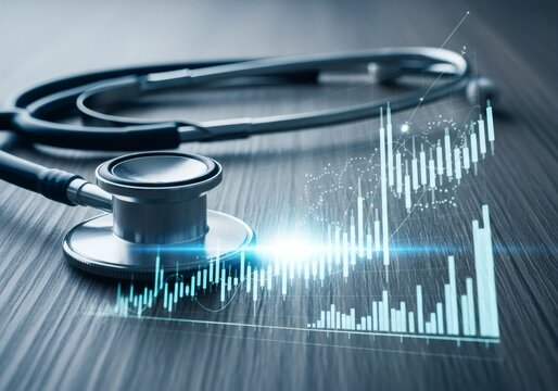 Stethoscope on a desk with a glowing financial graph