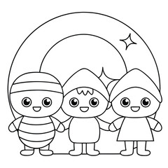 Obraz premium Three cute cartoon characters holding hands under a large moon children