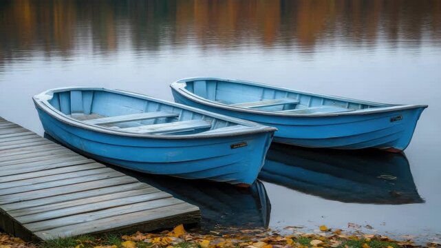 Two blue boats moored on calm lake with autumn leaves and wooden dock