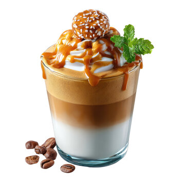 A unique glass of coffee paired with a carabao and carabeo adding a cultural twist to the beverage experience in a rustic setting