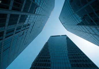 Fototapeta premium Three modern glass skyscrapers against a clear blue sky