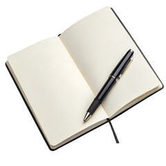 Open blank notebook with a black pen resting on the pages isolated on transparent background