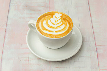 White ceramic cup with a  design in the foam, illuminated by natural side lighting