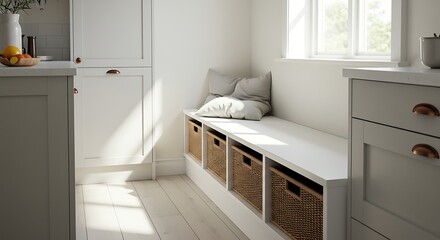 A bright, organized entryway with a white storage bench, woven baskets, and minimalist cabinetry illuminated by natural light.