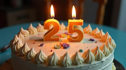 Celebrate a milestone! Delicious cake for 25th birthday or anniversary party with flickering candles