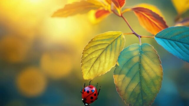 Vibrant ladybug resting on sunlit autumn leaves in nature