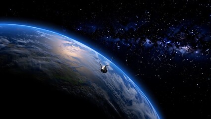 Fototapeta premium Earth from Space with Satellite Orbiting and Starry Galaxy Background in Deep Cosmos