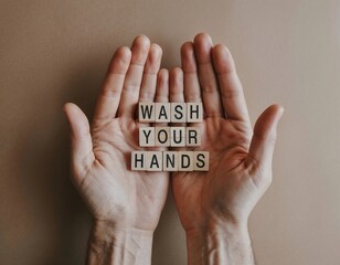 Hands holding wooden blocks with "wash your hands" message promoting hygiene and cleanliness awareness on neutral background.