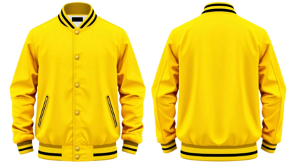 Yellow baseball bomber varsity jacket in front and back view, mockup isolated on transparent background