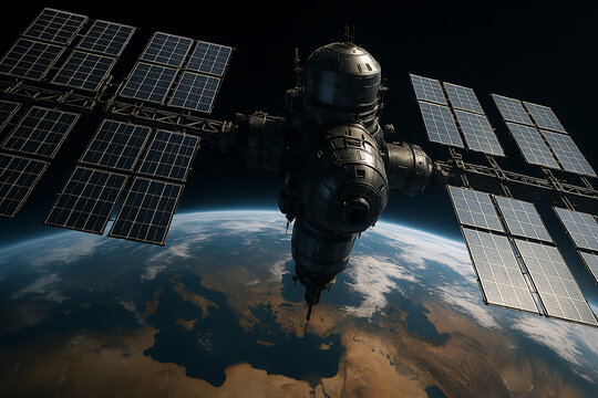 International space station with multi panel solar arrays orbiting above middle east and european continent in morning sun view showing structural complexity - Powered by Adobe