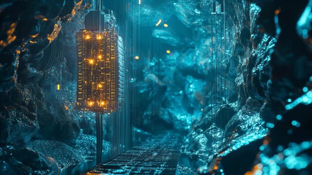 Venture into a stunning subterranean realm where glowing structures coexist with sparkling mineral surfaces, revealing the beauty of digital mining in enchanting darkness.