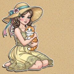 Cartoon Girl in Straw Hat Hugging a Kitten - Ideal for children's books, pet care, fashion illustration, and vintage-themed designs.