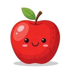 A cartoon red apple with a happy face and a green leaf on a white background illustration art