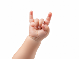 A cute babys hand makes a rockandroll hand gesture against a pristine white backdrop isolated on transparent background