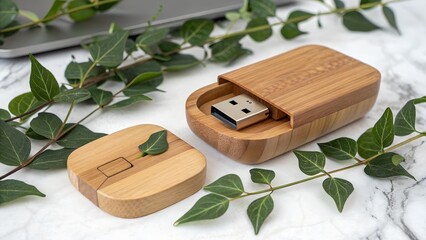 wooden usb drive and charging station with green leaves