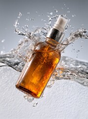 A meticulously crafted bottle of premium liquid, captured mid-splash against a clean backdrop