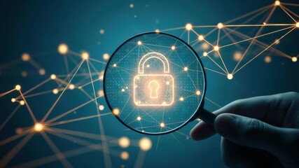 A hand holding a magnifying glass focused on a glowing padlock symbol representing cybersecurity with a digital network background illustrating connections and data flow - Powered by Adobe