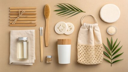  zero waste self care kit flatlay on beige background
