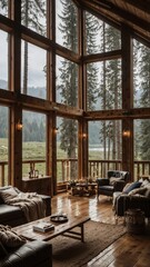 a cozy living room, rustic cabin interior on a rainy day with fireplace. The space features warm wooden beams, soft lighting from candles and a lamp, and comfortable seating with blankets