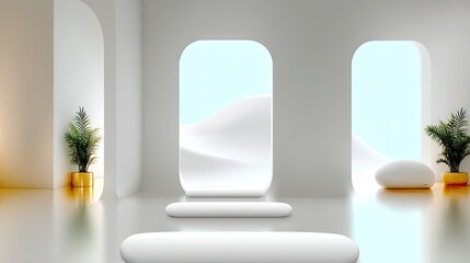 Modern Minimalist White Room Interior Design with Geometric Archways