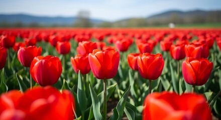 Vibrant Red Tulips in a Sunny Spring Field