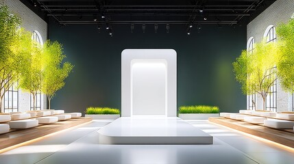 Modern Minimalist Runway Show Stage with Green Plants and Bright Lighting