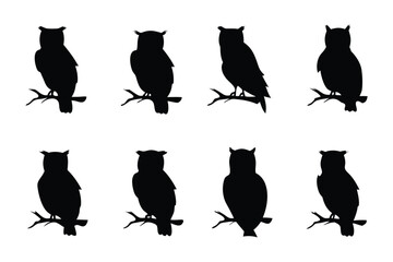 Silhouette Owls on Branches: A collection of silhouette owls perched gracefully on branches, evoking a sense of mystery and elegance, each with unique postures.